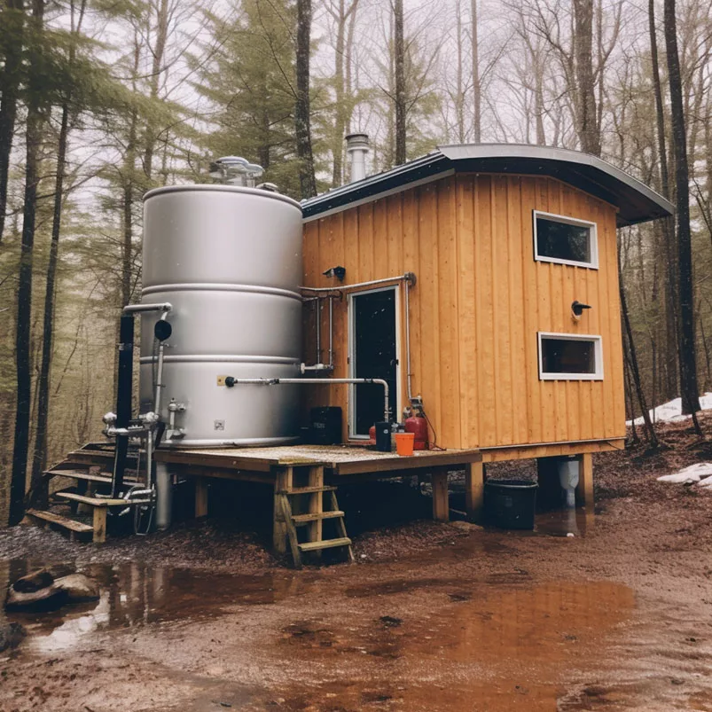 Mastering off-grid living: An AI-generated and exaggerated rainwater collection system off a structure in the woods of the Upper Peninsula of Michigan.